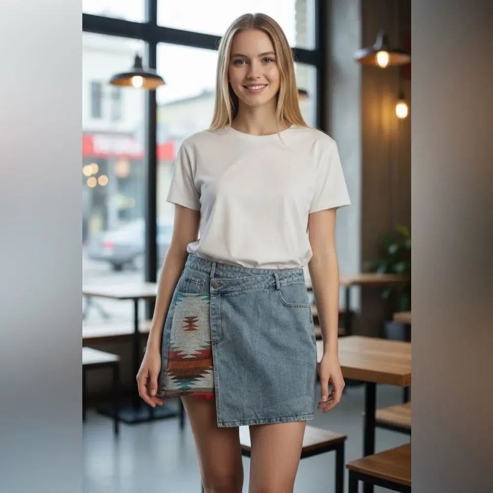 Miss Sparkling Asymmetrical Denim Skirt with Patterned Accent L